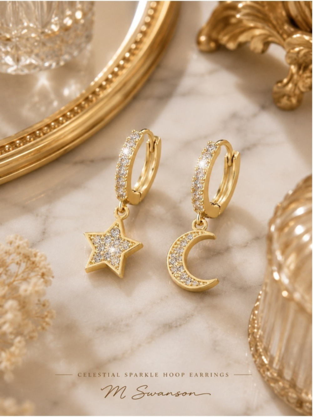 NEW Celestial Star & Moon Sparkling Zircon Gold Hoop Earrings NWT